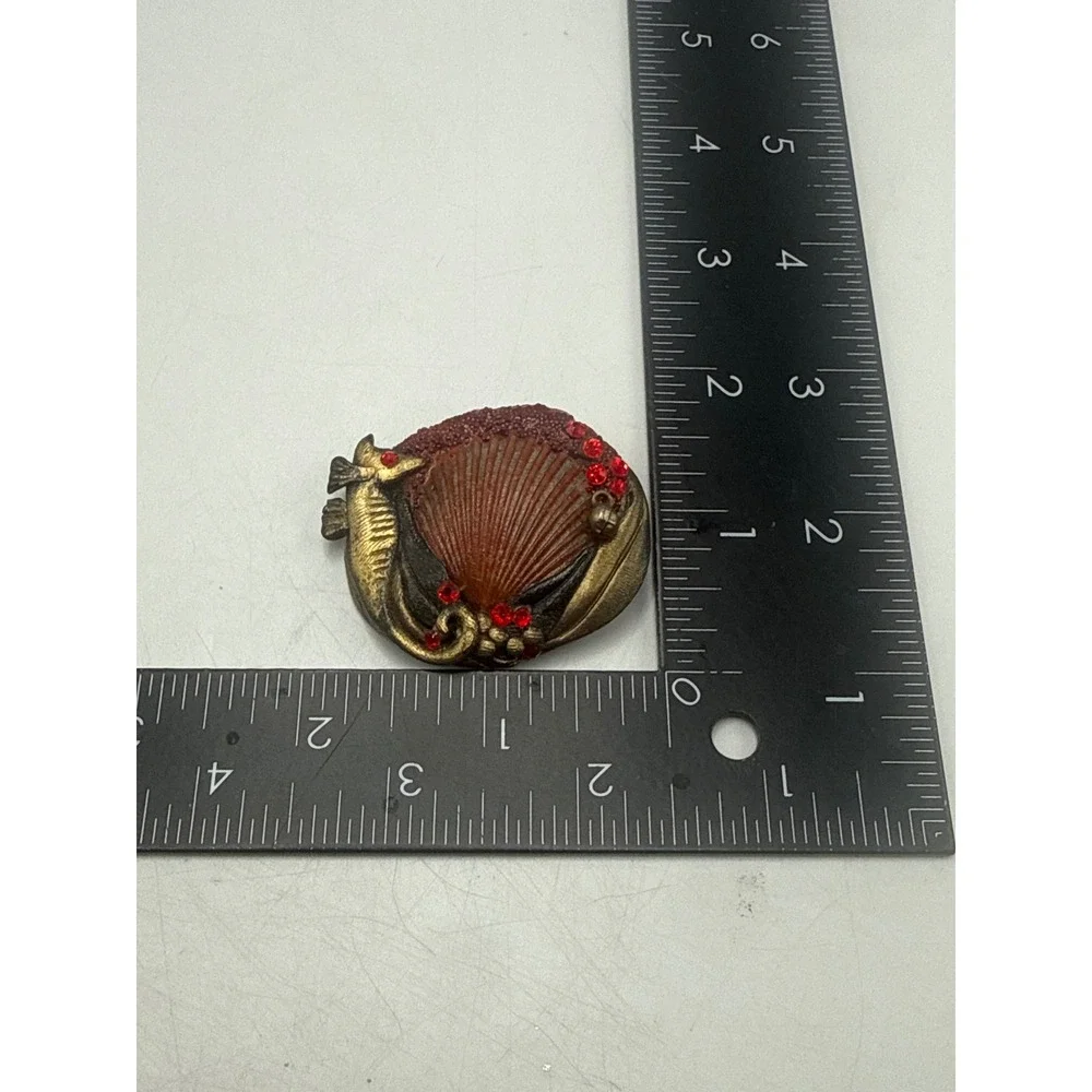 Kelly Miloro Artisan Seahorse Shell Brooch Red Rhinestone Nautical Art Pin
